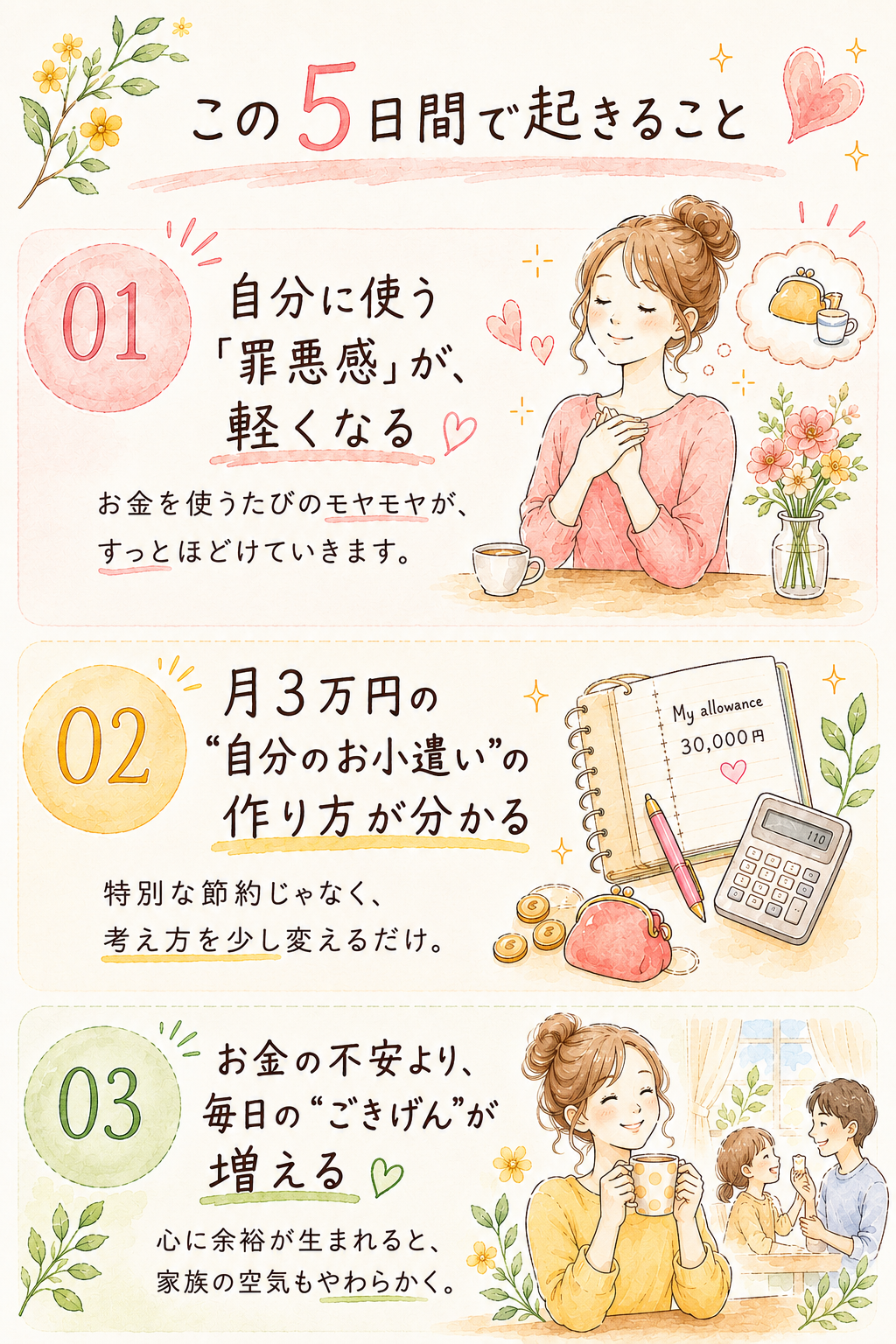 この5日間で起きること — ①自分に使う「罪悪感」が軽くなる ②月3万円の“自分のお小遣い”の作り方が分かる ③お金の不安より、毎日の“ごきげん”が増える。5日後のあなたが、もっと軽やかに、もっと笑顔に。