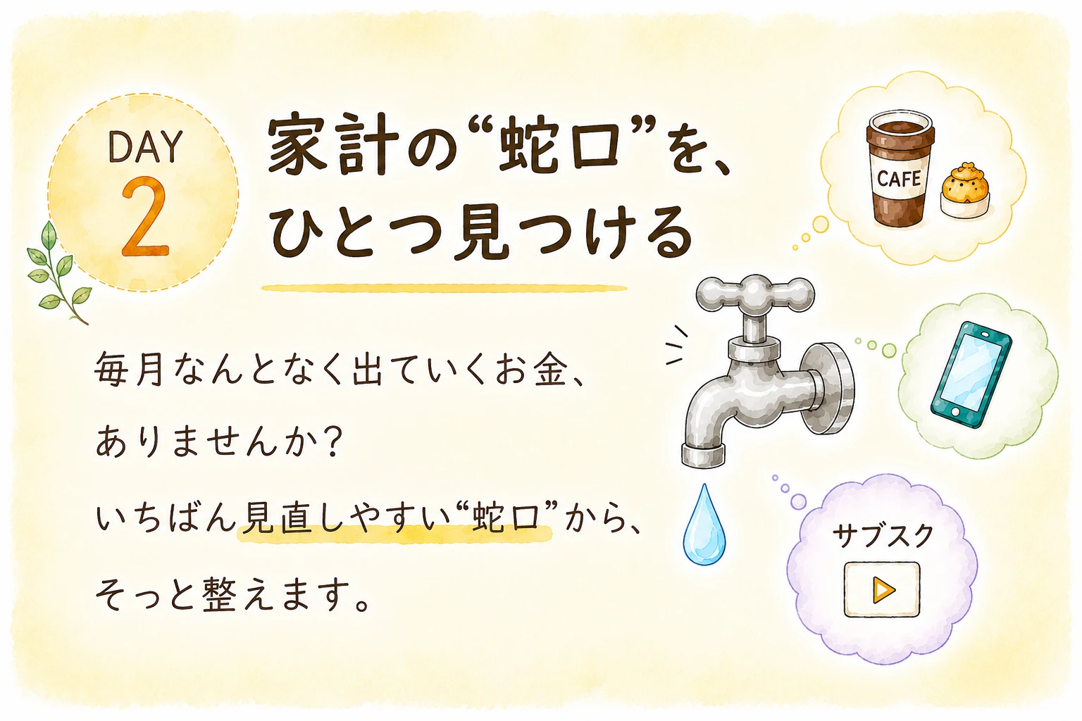 DAY2 家計の“蛇口”を、ひとつ見つける — 毎月なんとなく出ていくお金、ありませんか？いちばん見直しやすい“蛇口”から、そっと整えます。