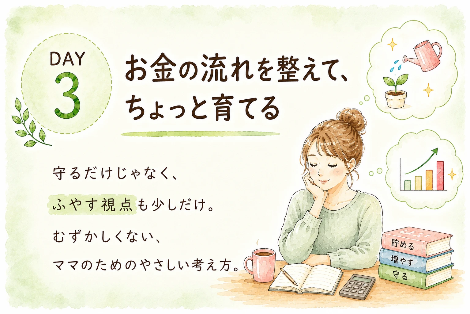 DAY3 お金の流れを整えて、ちょっと育てる — 守るだけじゃなく、ふやす視点も少しだけ。むずかしくない、ママのためのやさしい考え方。